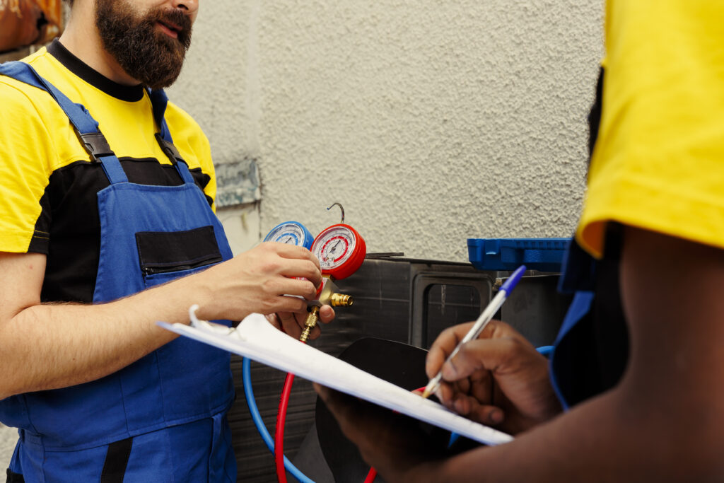 Coworkers refill air conditioner freon