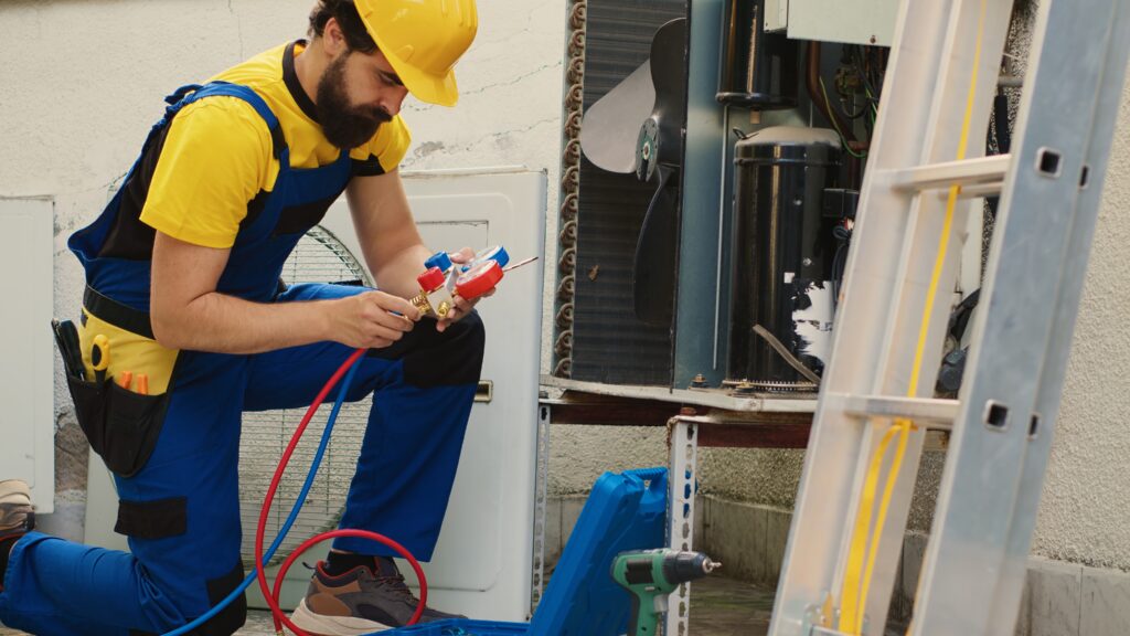 Technician maintenancing air conditioner